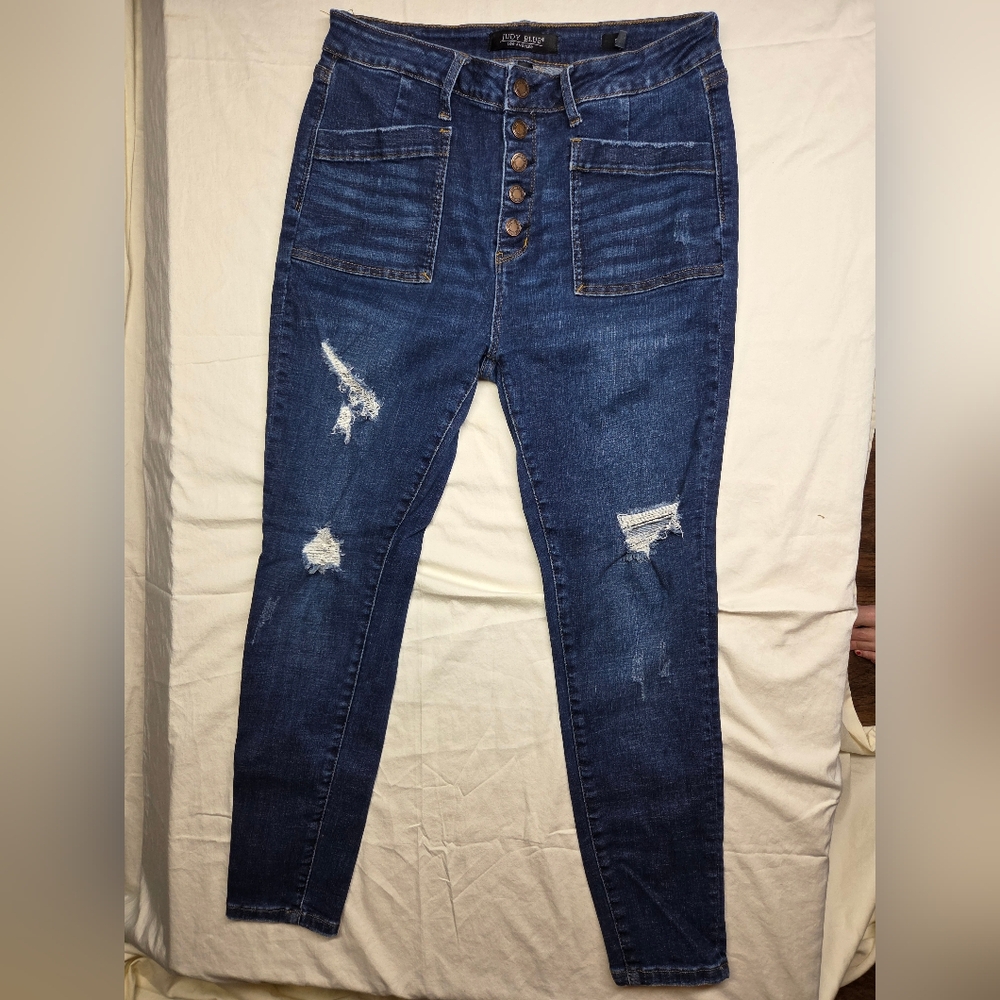 Judy Blue High Rise Distressed Jeans - Dark Blue